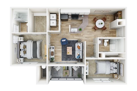 Floor plan for 2 beds, 2 baths, 961 sqft